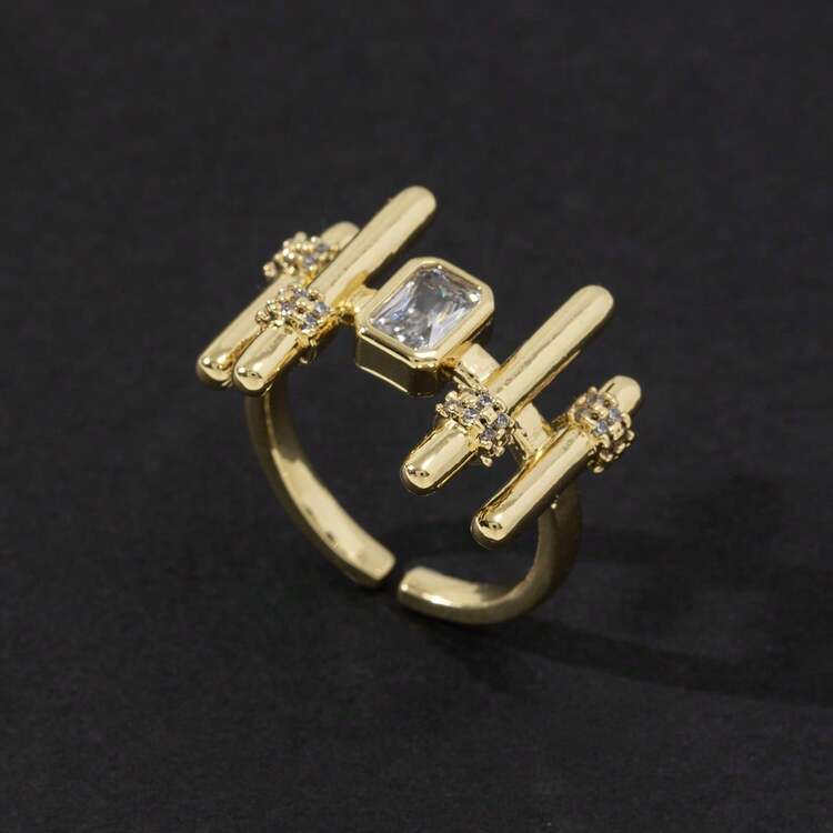 Geometric Bar  Fashion Ring with Emerald Cut Crystal - Adjustable Statement Ring