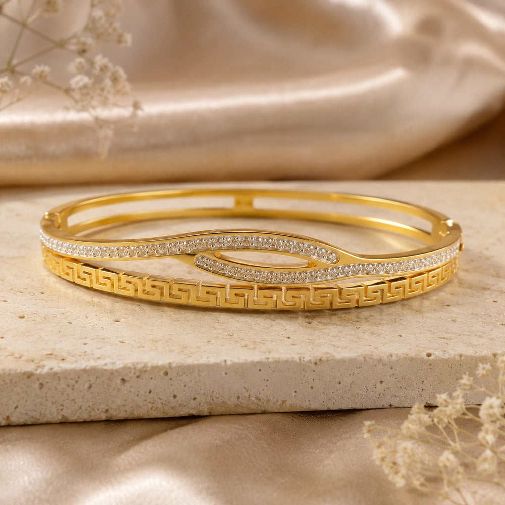 Anti-Tarnish Greek Key & Zircon Wave Gold-Plated Bangle Bracelet