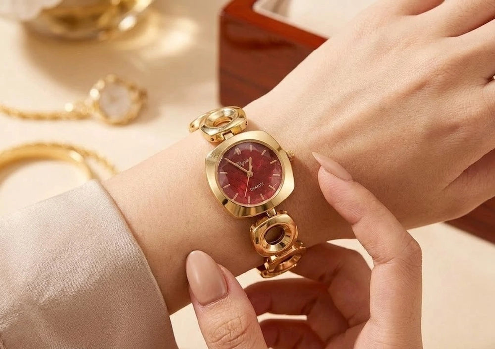 Vintage Geometric Chain Anti-Tarnish Gold Plated Watch with Maroon Dial