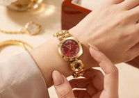 Vintage Geometric Chain Anti-Tarnish Gold Plated Watch with Maroon Dial
