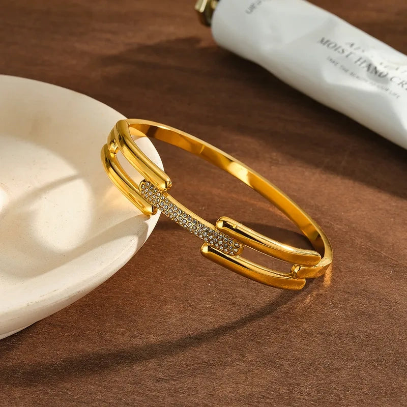 Geometric Rhinestone Gold-Plated Bangle | Anti-Tarnish Minimalist Bracelet