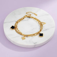 Black Clover & Geometric Charm Double Layer Bracelet - Anti-Tarnish Gold Plated Korean Style Hand Jewellery for Women