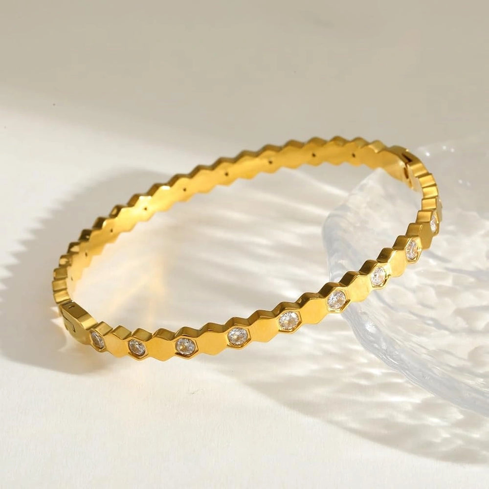 Hexagon Geometric Anti-Tarnish Gold-Plated Bracelet | Minimalist Korean Bangle