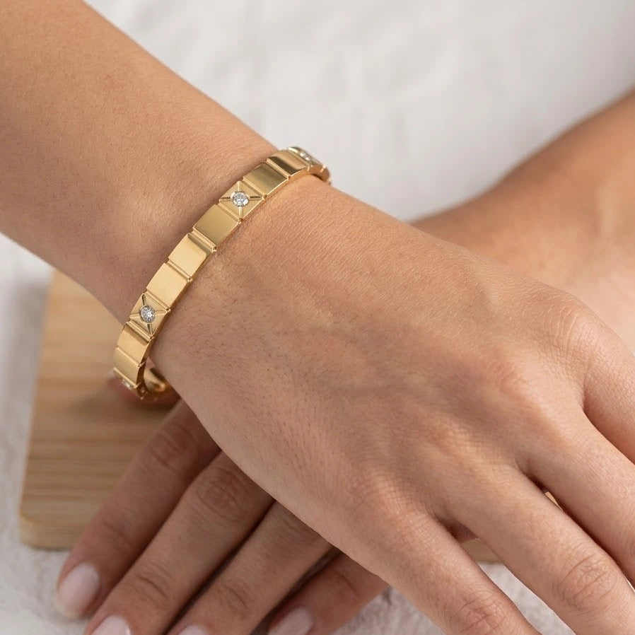 Geometric Studded Square Link Bracelet - Anti-Tarnish Gold Plated