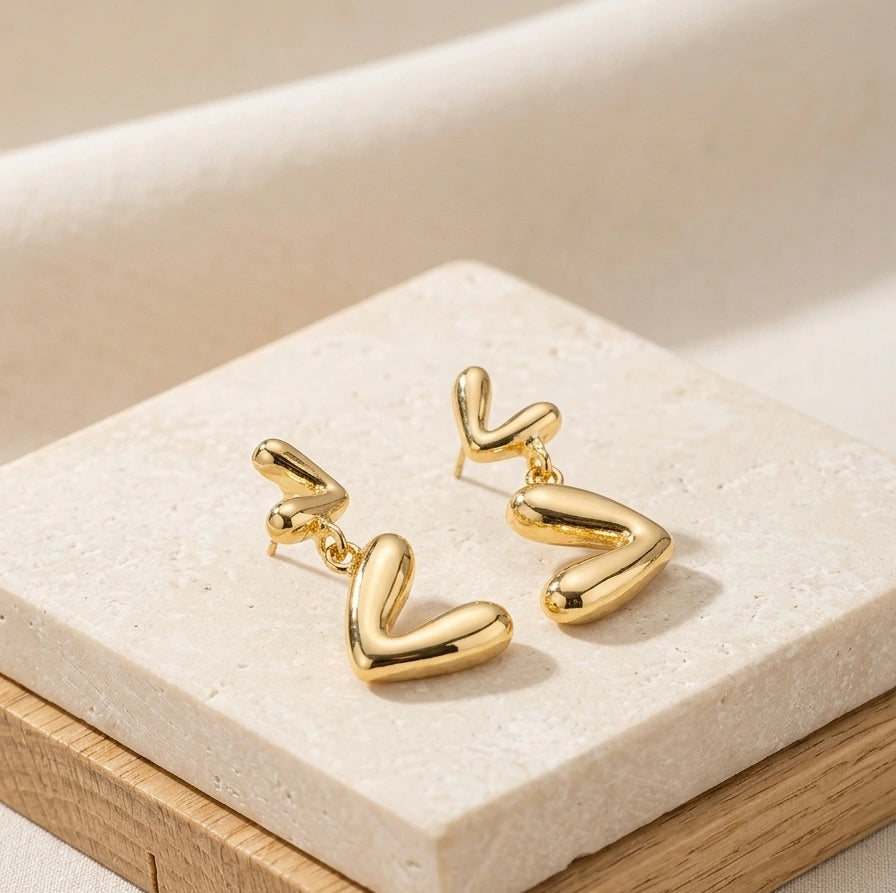 Abstract Heart Drop Gold Earrings | Modern Geometric Fashion Jewelry