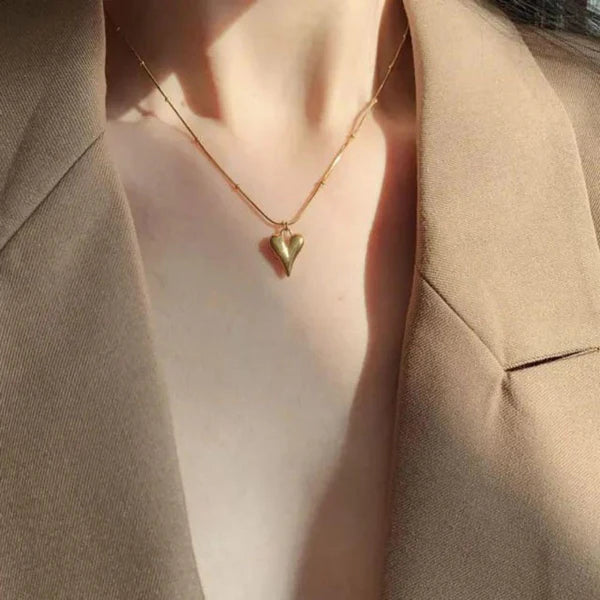 Golden Puffy Heart Pendant Necklace - Anti-Tarnish Waterproof Korean Jewelry