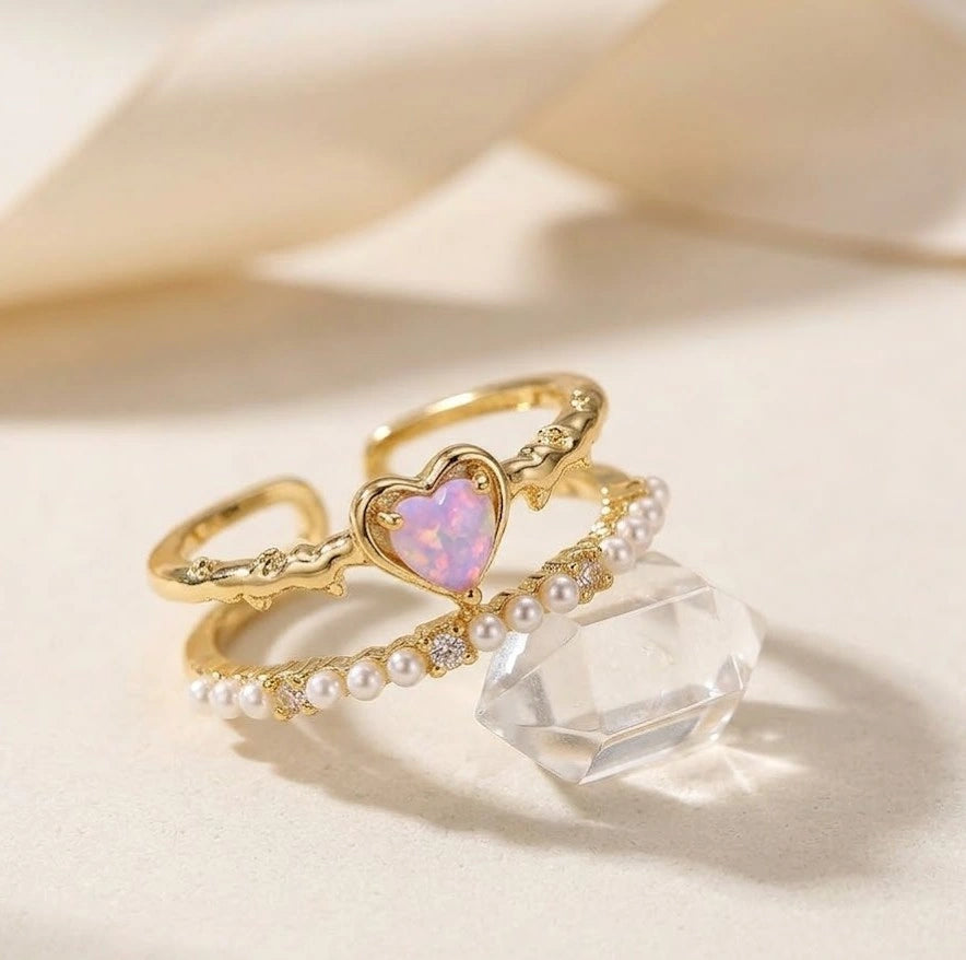 Heart Opal & Pearl Stacking Ring Set | Anti-Tarnish Gold Plated