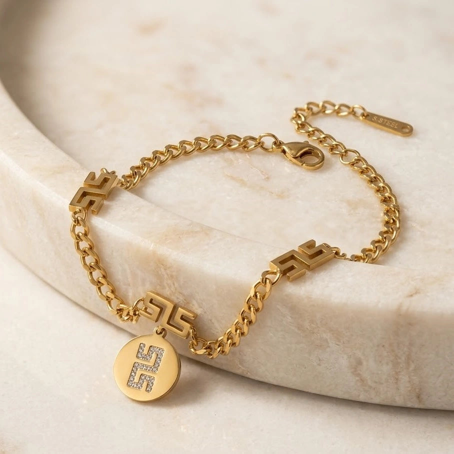 Versace Inspired Greek Key Anti-Tarnish Charm Bracelet for Women