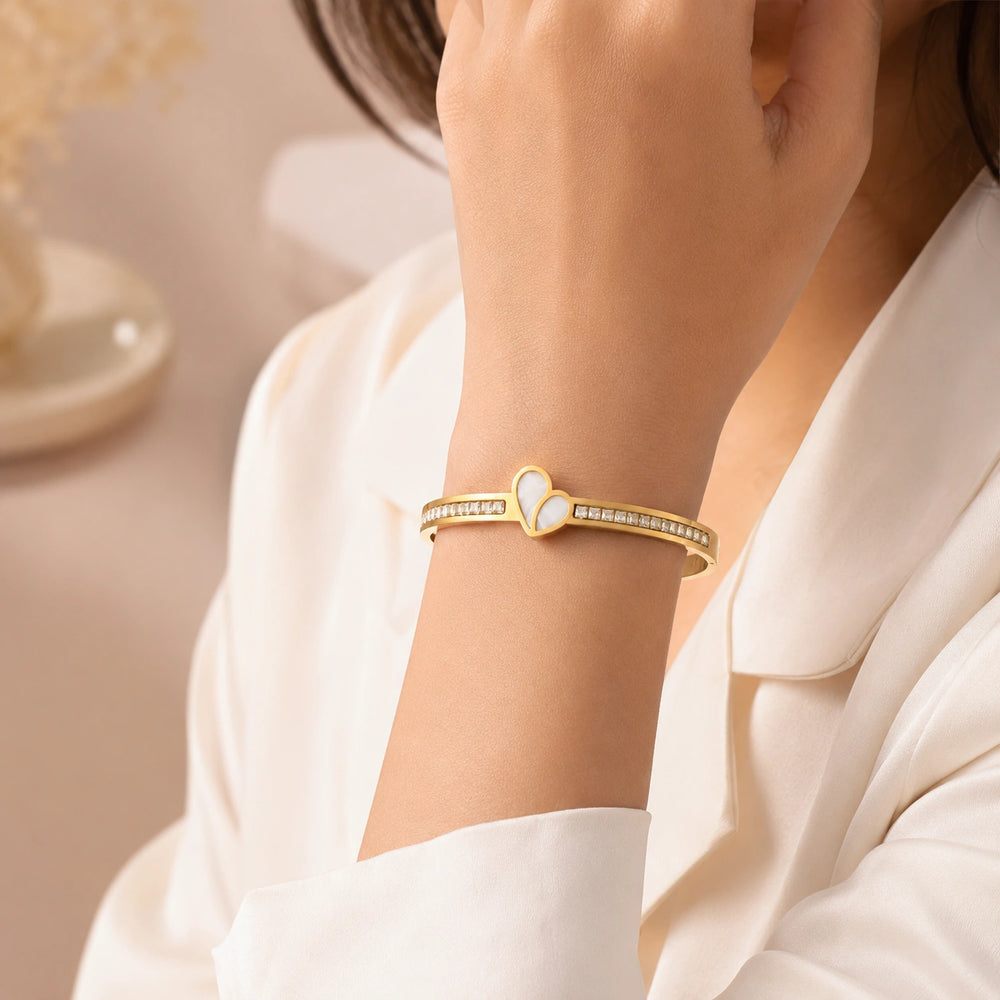 Anti-Tarnish Gold Plated Heart Bangle Bracelet with Crystals
