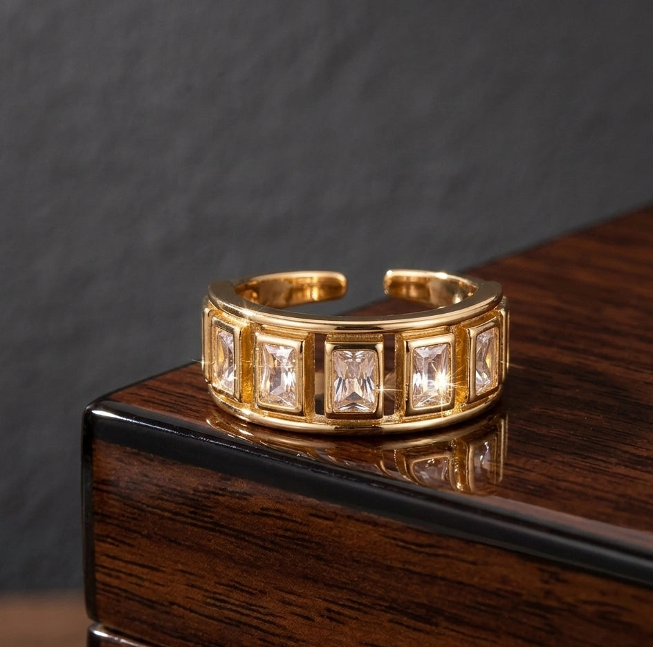 Baguette Crystal Adjustable Gold Ring for Women | Premium Fashion Jewelry