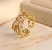 Gold Crystal Statement Open Ring - Premium Adjustable Fashion Jewelry