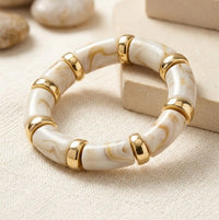 Beige Marble Effect Chunky Beaded Bracelet with Gold-Tone Accents