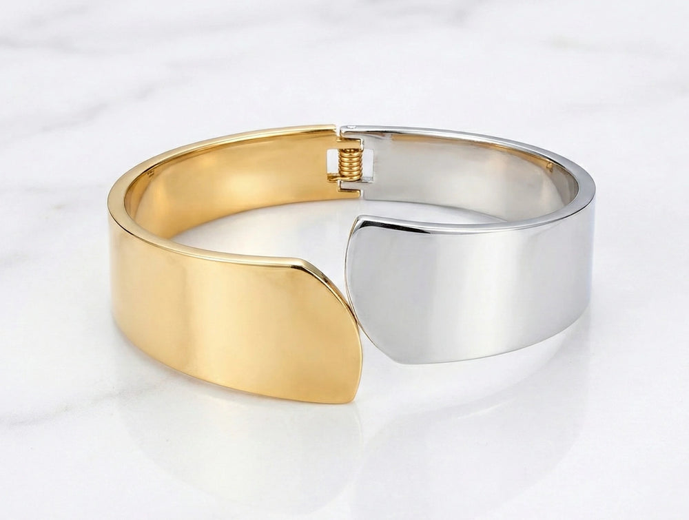 Dual Tone Abstract Wide Cuff Bracelet | Gold & Silver Plated Statement Bangle | Anti-Tarnish Korean Jewelry