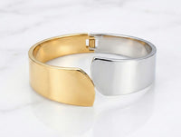 Dual Tone Abstract Wide Cuff Bracelet | Gold & Silver Plated Statement Bangle | Anti-Tarnish Korean Jewelry