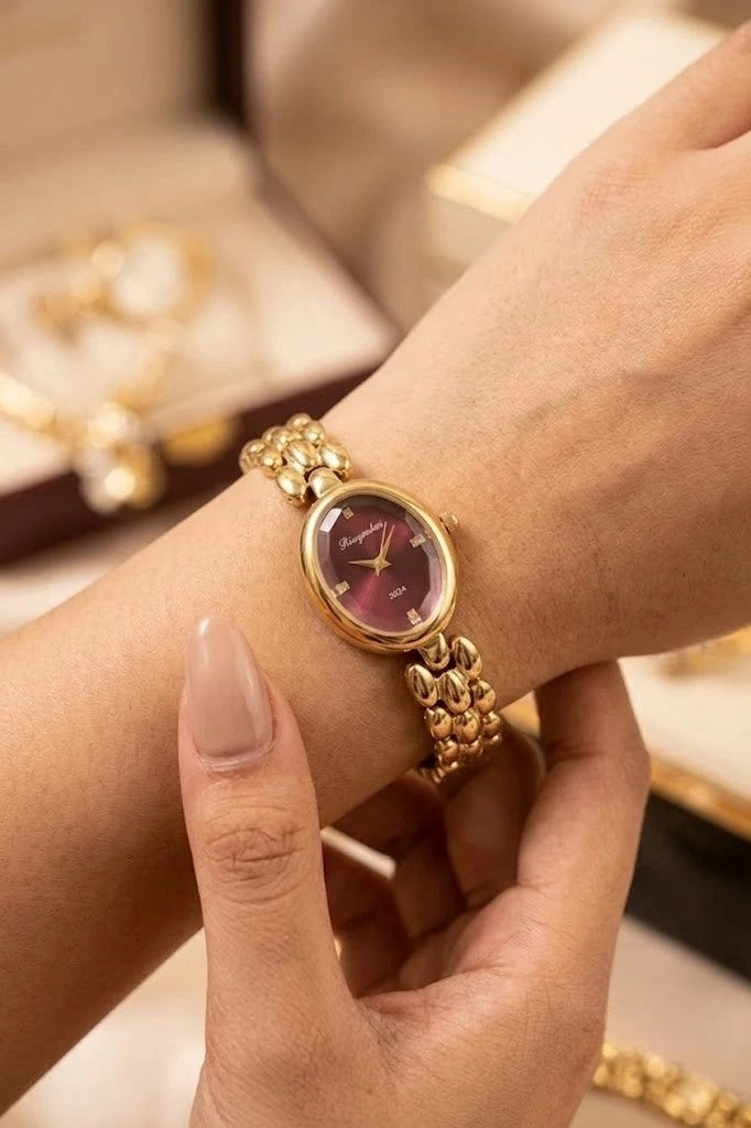 Elegant Maroon Oval Dial Anti-Tarnish Gold Plated Watch for Women