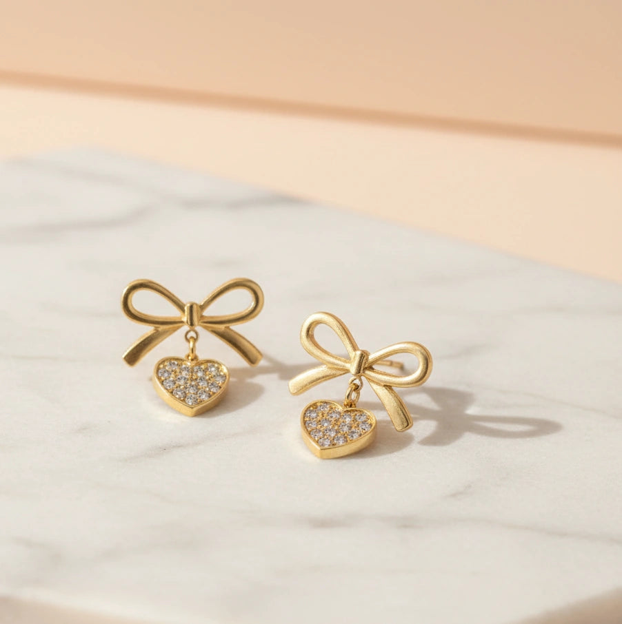 Premium Gold Bow and Crystal Heart Drop Earrings for Women