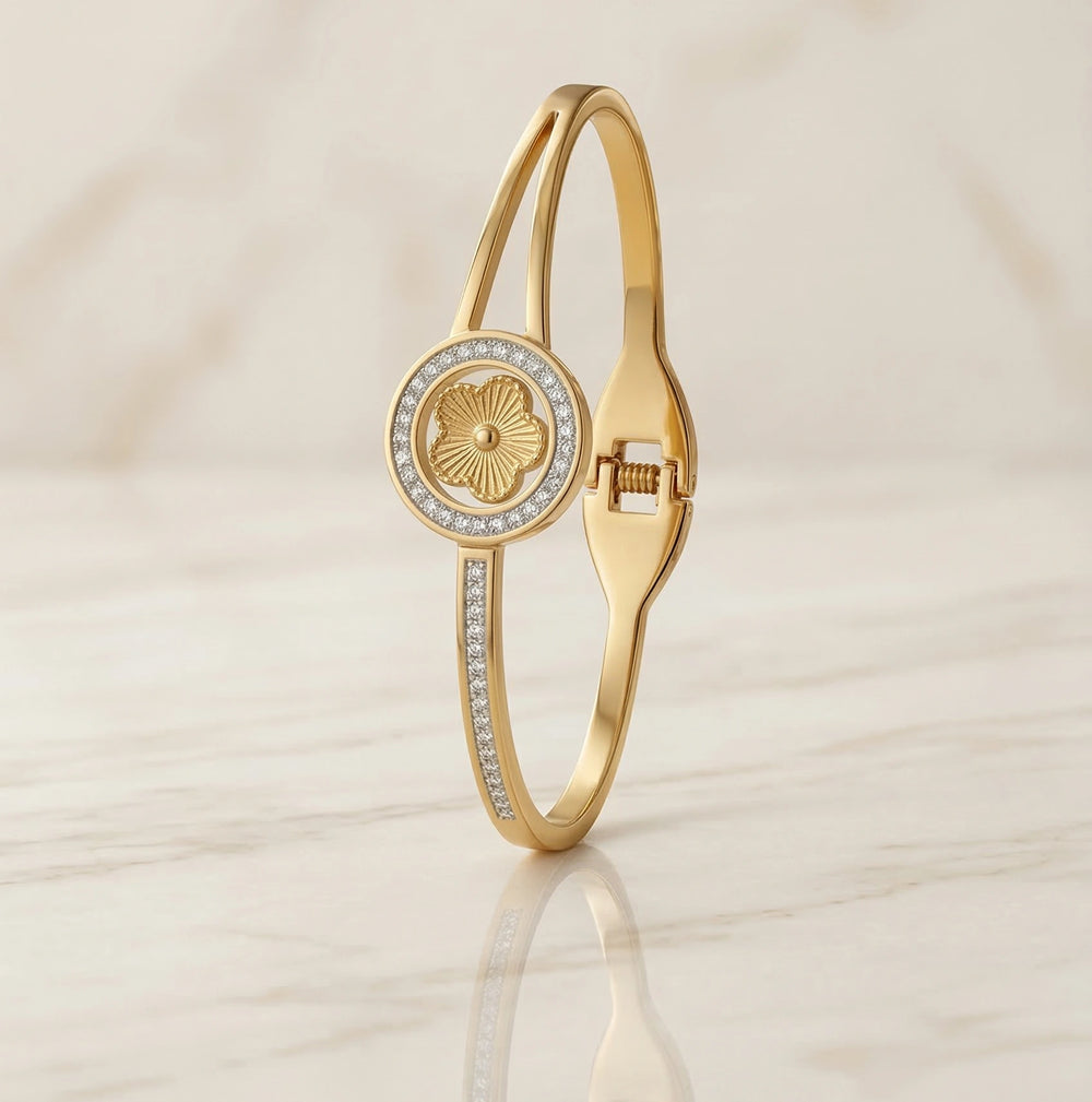 Floral Motif Crystal Gold Cuff Bracelet - Premium Designer Wristwear