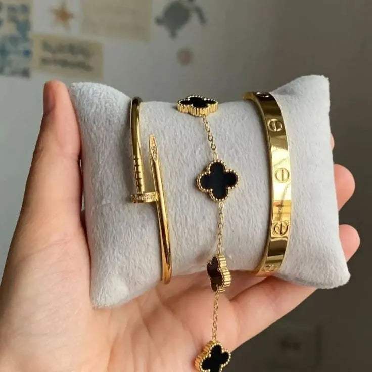 The 'It Girl' Golden Stack | 3-Pc Anti-Tarnish Bracelet Combo (Nail, Clover & Bangle)