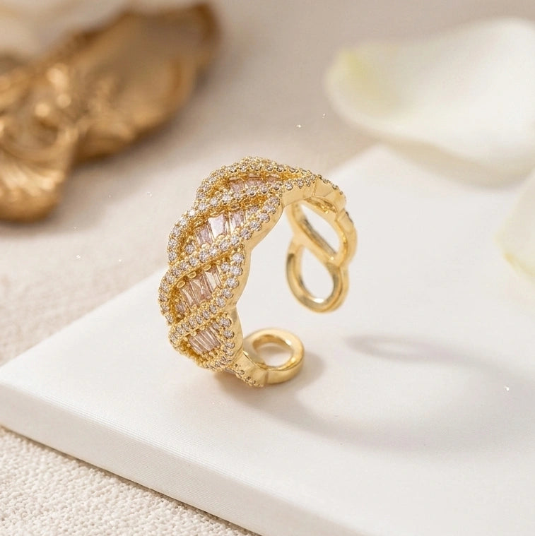 Gold Braided Baguette Fashion Ring | Twisted Pave Statement Jewelry