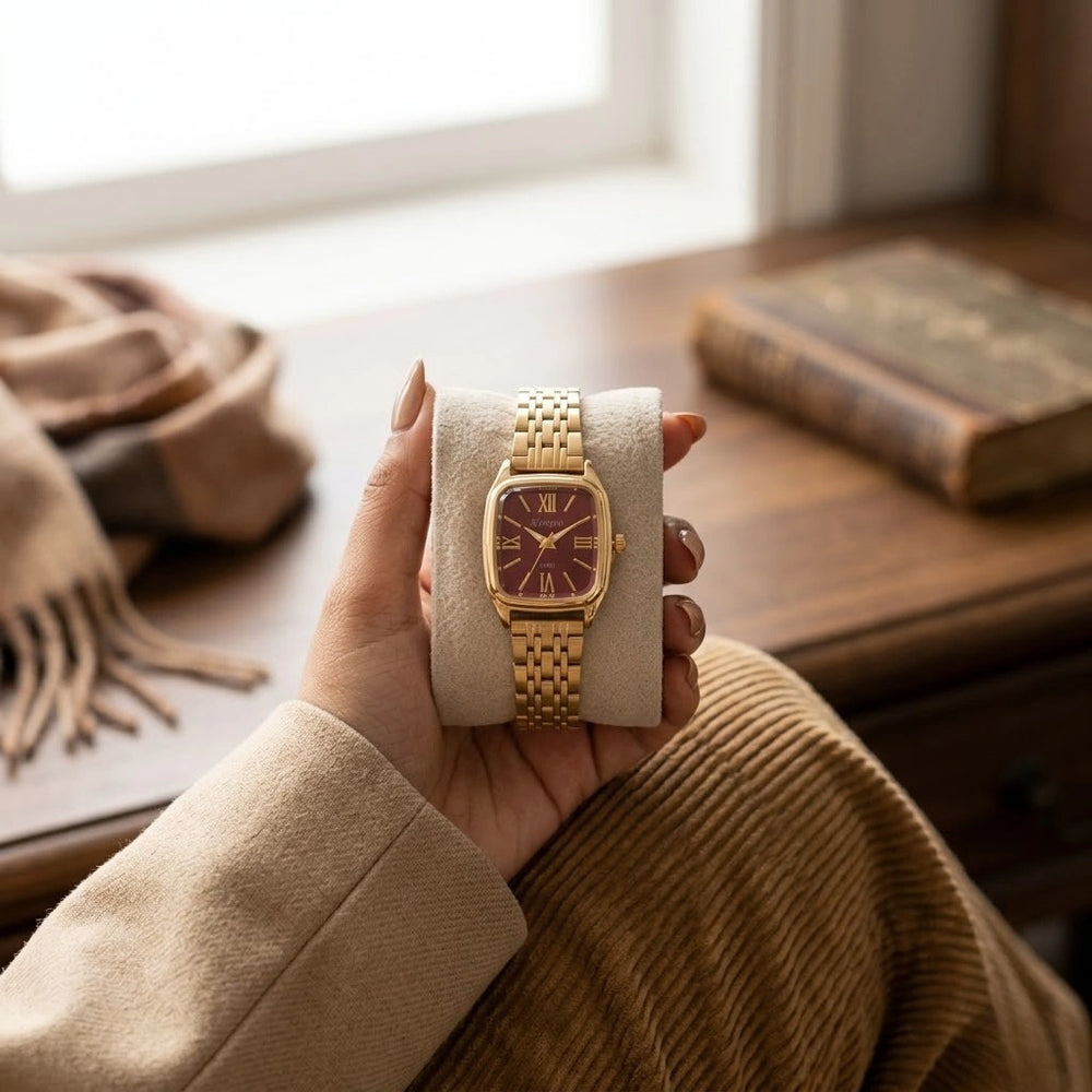 Classic Vintage Burgundy Dial Gold Plated Watch | Anti-Tarnish