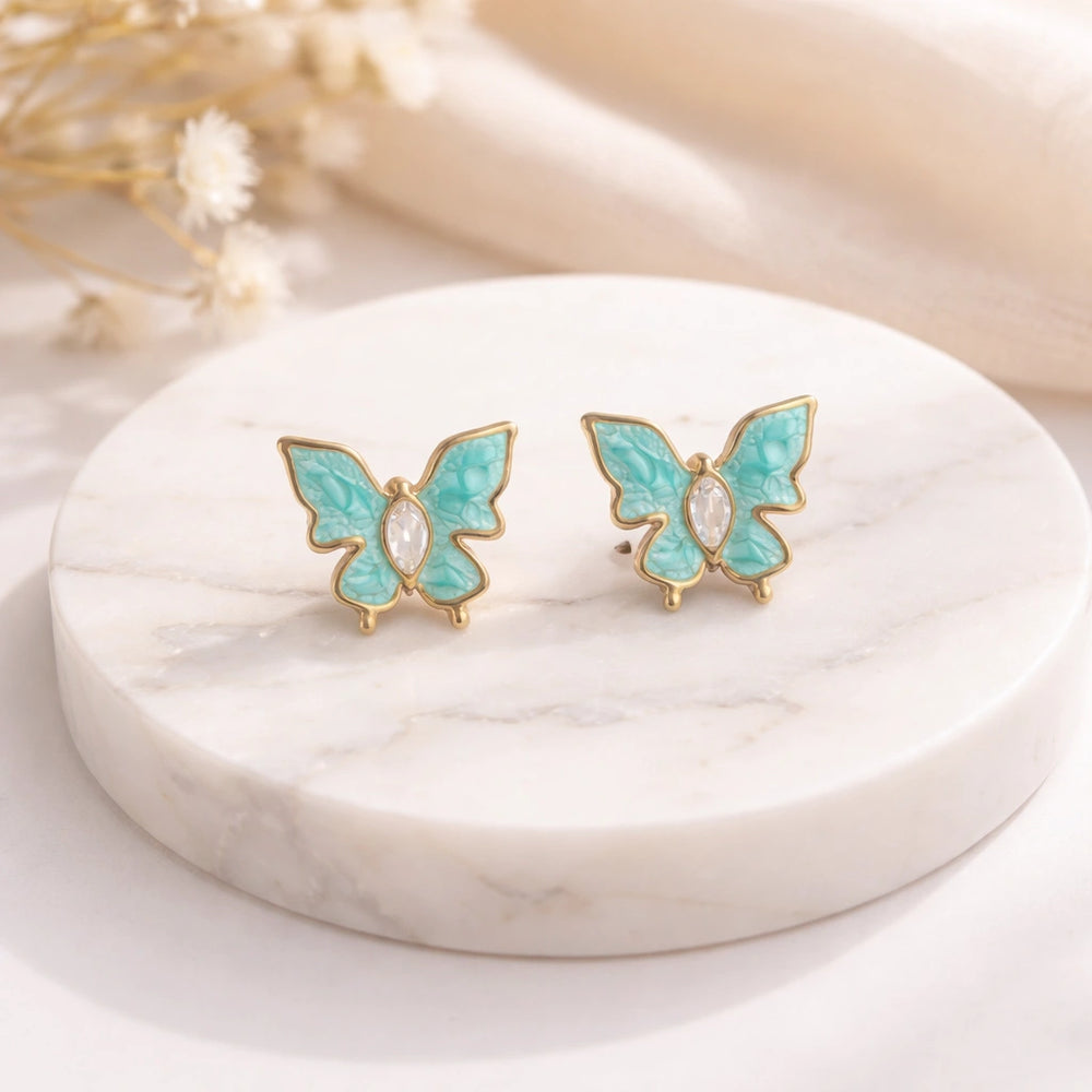 Teal Enamel Butterfly Stud Earrings | High-Quality Fashion Jewelry