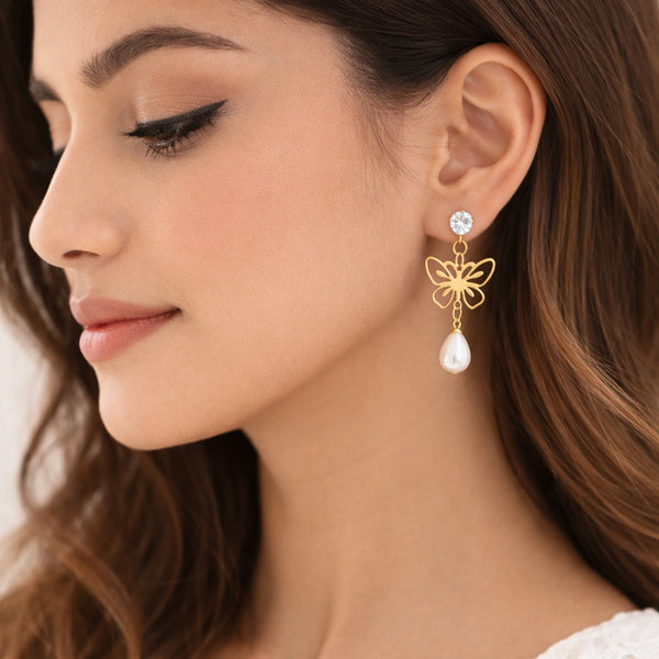 Butterfly Pearl Drop Earrings with Crystal Stud | High Quality Fashion Jewelry