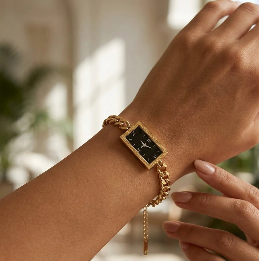 Vintage Rectangular Black Dial Watch Bracelet - Anti-Tarnish Gold Plated ( Dummy Watch )
