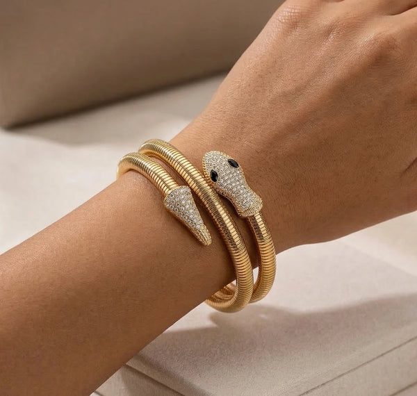 gold snake bracelet, front view, crystal serpent, women jewelry