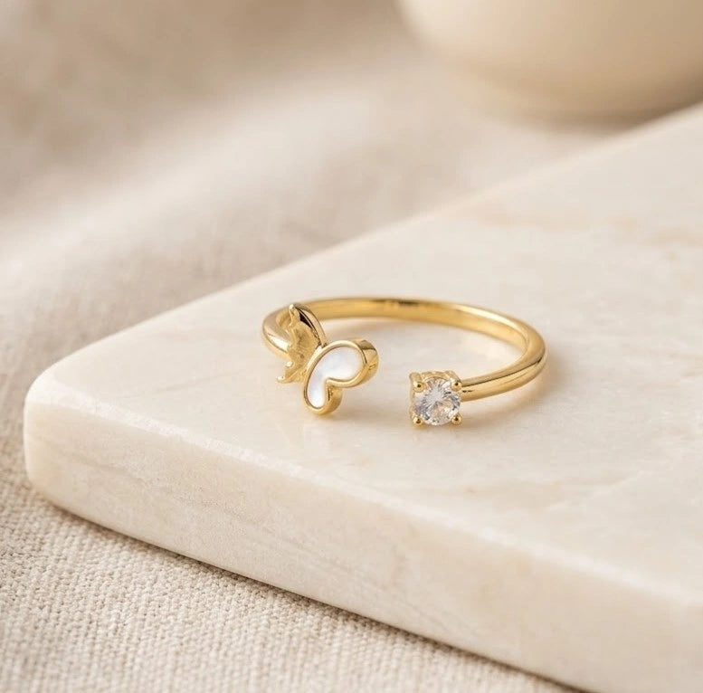 Korean Gold Butterfly Open Ring with Crystal - High Quality Fashion Jewelry