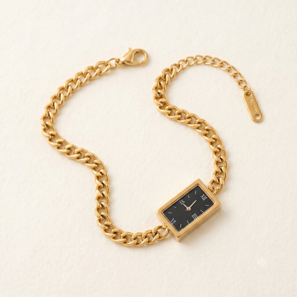 Vintage Rectangular Black Dial Watch Bracelet - Anti-Tarnish Gold Plated ( Dummy Watch )
