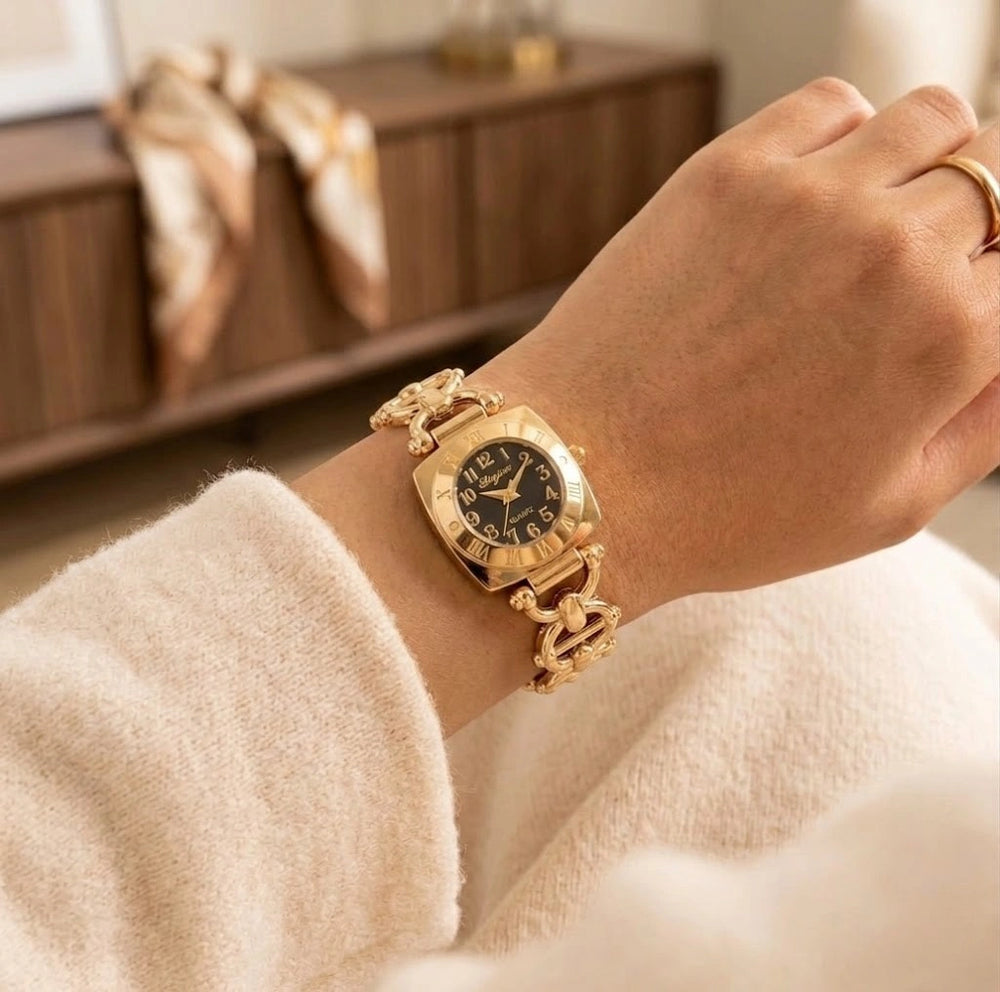 Vintage Chain-Link Anti-Tarnish Gold Plated Watch for Women | Black Dial