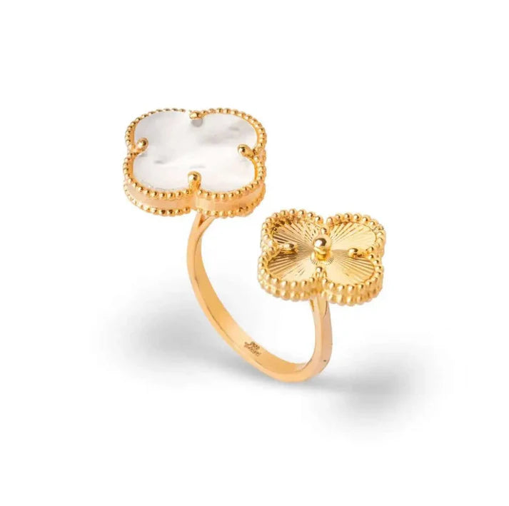 Double Clover Open Ring - Anti-Tarnish Gold Plated | Mother of Pearl & Textured Motif