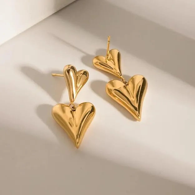 Double Heart Drop Earrings – Gold Plated Stainless Steel (Anti-Tarnish)
