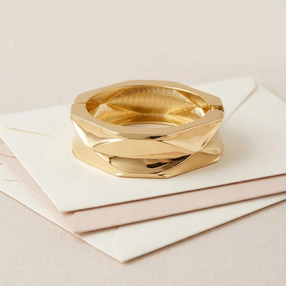 Gold Faceted Geometric Bangle Bracelet | Chunky Statement Gold Cuff
