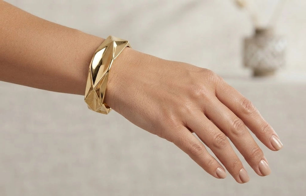 Gold Faceted Geometric Bangle Bracelet | Chunky Statement Gold Cuff