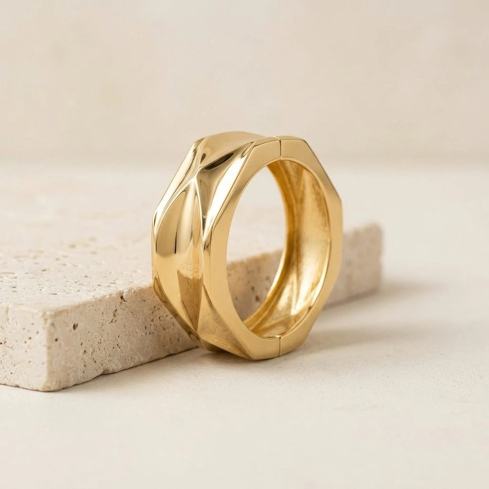 Gold Faceted Geometric Bangle Bracelet | Chunky Statement Gold Cuff