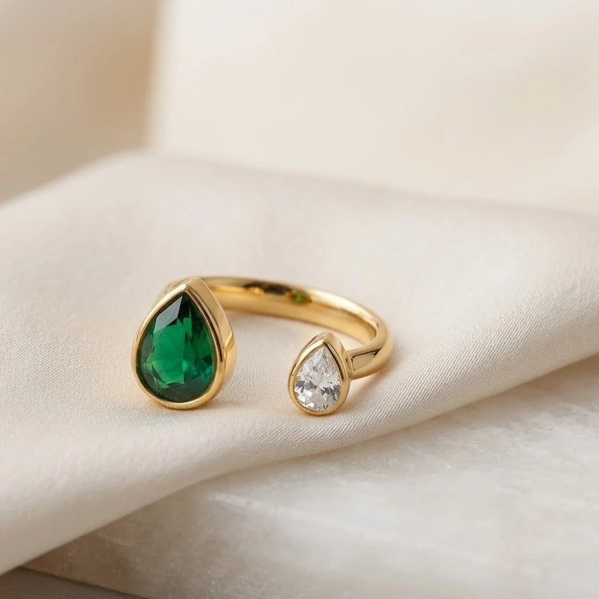 Emerald Pear & Diamond Drop Open Ring - Elegant Two-Stone Fashion Ring