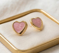 Pink Enamel Heart Stud Earrings with Gold Finish