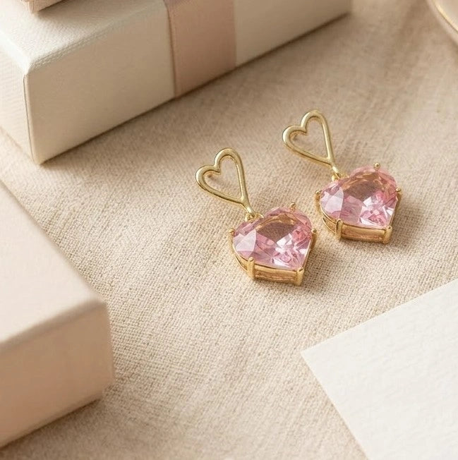 Pink Crystal Heart Drop Earrings