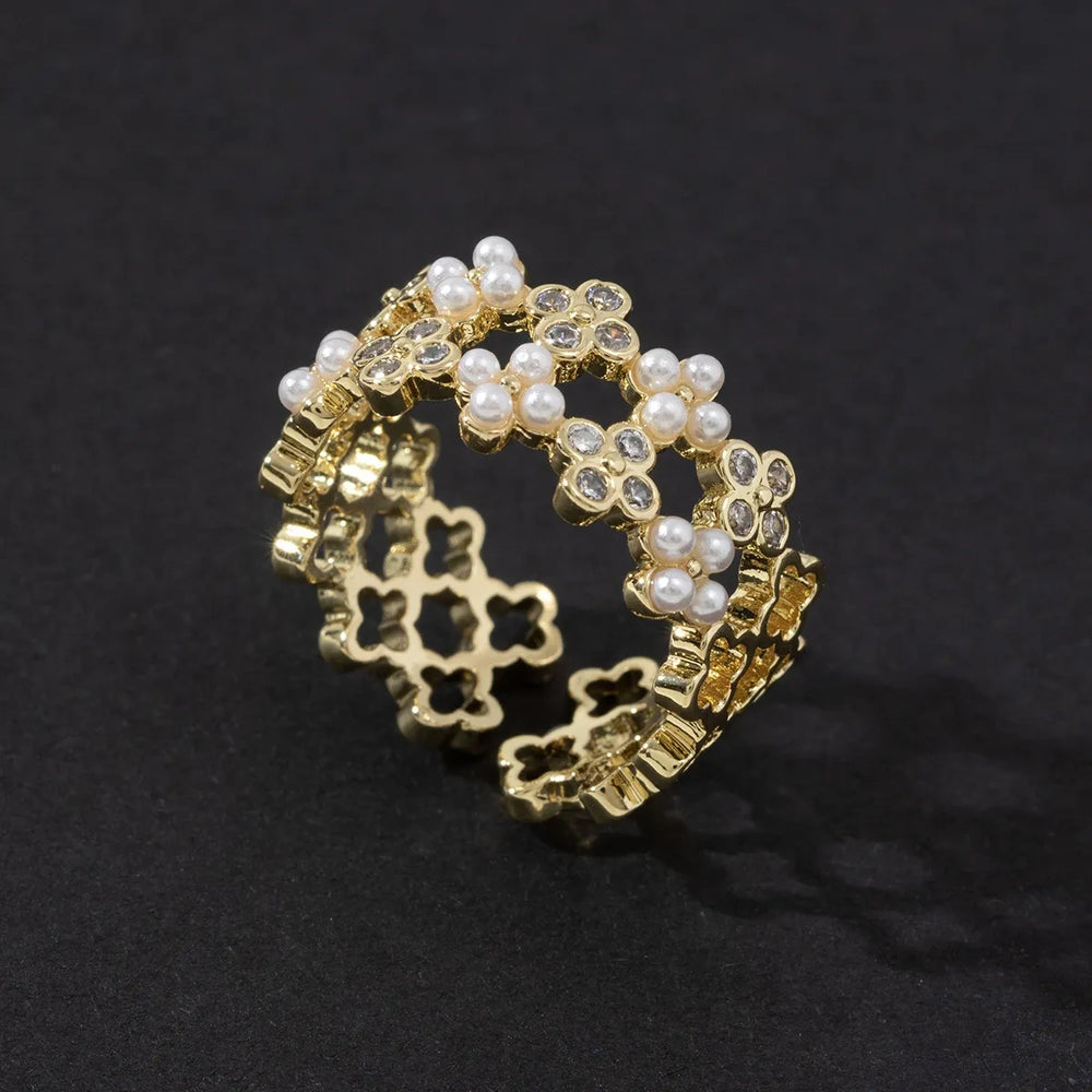 Gold Floral Pearl Adjustable Ring | Dainty Crystal Clover Fashion Ring