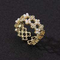 Gold Floral Pearl Adjustable Ring | Dainty Crystal Clover Fashion Ring
