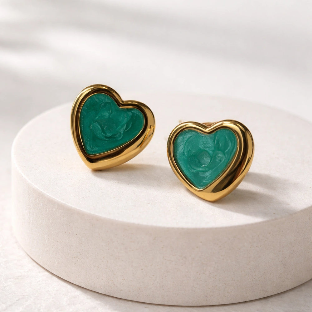 Emerald Green Enamel Heart Stud Earrings | Gold Tone Fashion Jewelry