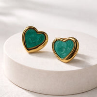 Emerald Green Enamel Heart Stud Earrings | Gold Tone Fashion Jewelry