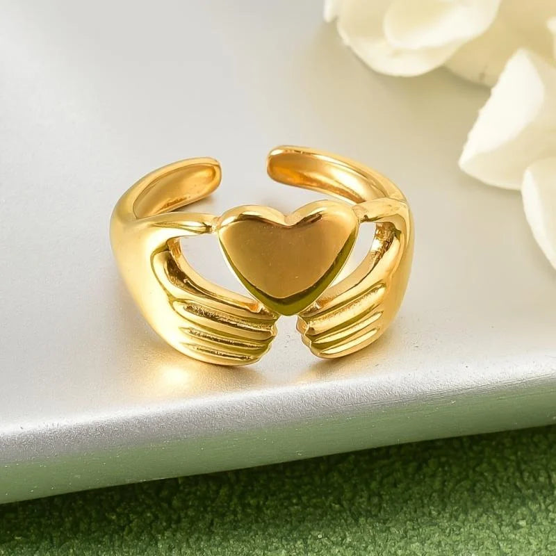 Hugging Hands Heart Gold Plated Ring – Anti-Tarnish & Adjustable Korean Style Band