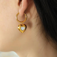 White Heart Charm Huggie Earrings | Gold Plated Anti-Tarnish Hoops | Stainless Steel Korean Jewelry