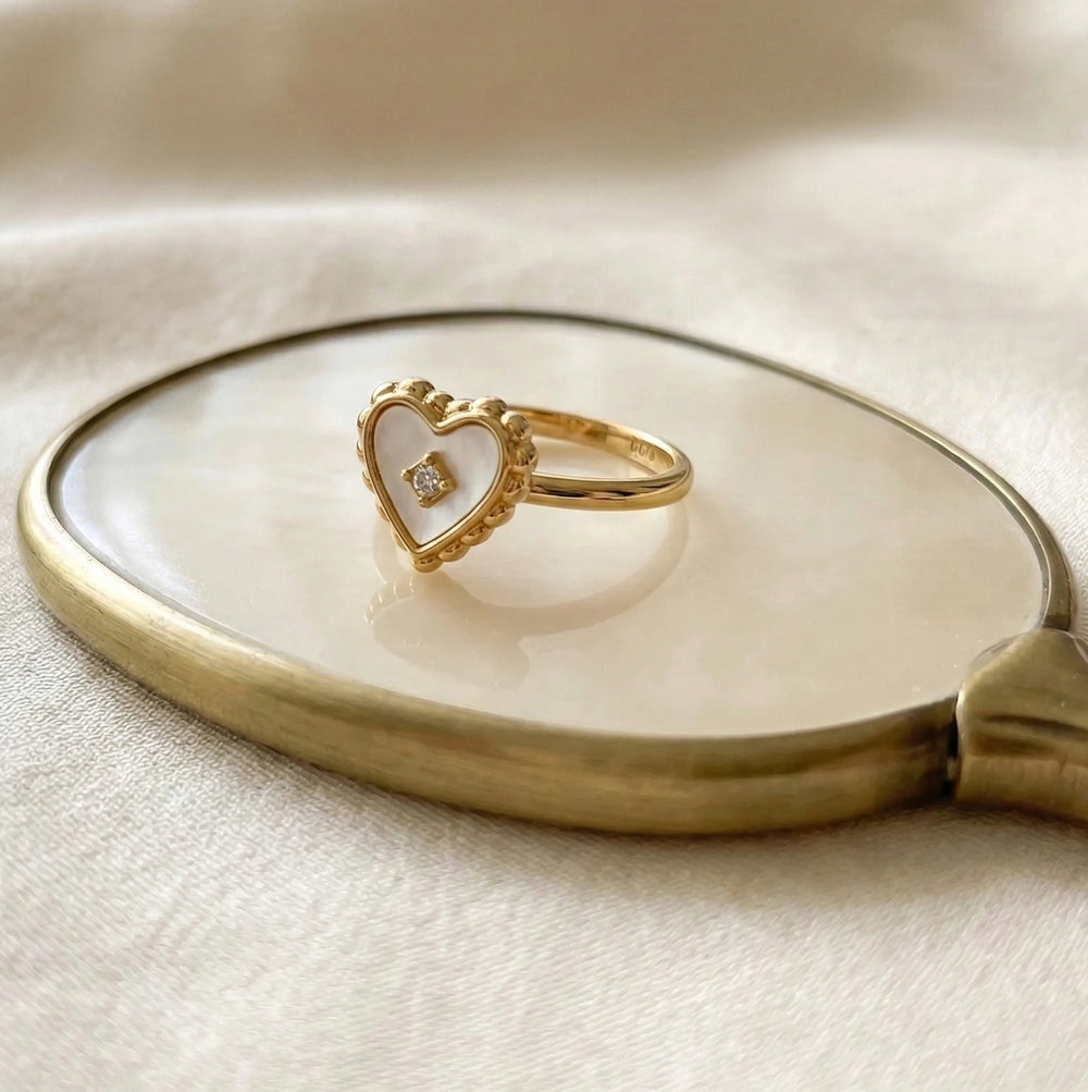 Dainty Gold Heart Adjustable Fashion Ring - White Pearl Inlay