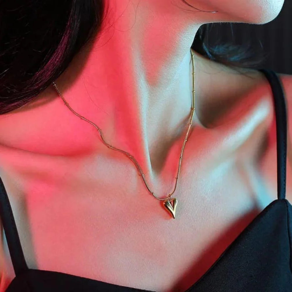 Golden Puffy Heart Pendant Necklace - Anti-Tarnish Waterproof Korean Jewelry