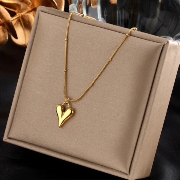 Golden Puffy Heart Pendant Necklace - Anti-Tarnish Waterproof Korean Jewelry