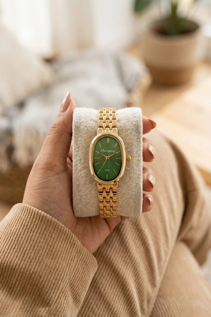 Vintage Emerald Green Oval Dial Watch | Anti-Tarnish Gold Plated