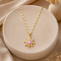 Anti Tarnish Gold Plated Sunburst Necklace with Pink Stone